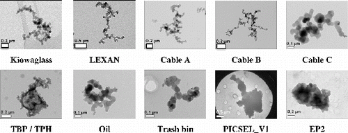 FIG. 3. TEM micrographs of particles emitted by the thermal degradation of the studied fuels.