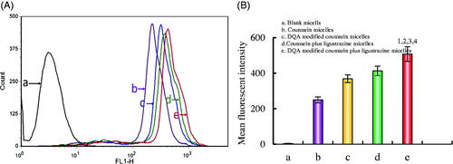 Figure 3. Cellular uptake and targeting effects after incubation with the varying formulations. Notes: (A) Cellular uptake of A549 cells. (B) Fluorescence intensity of coumarin 6 in A549 cells. a. Blank micelles; b. Coumarin micelles; c. DQA modified coumarin micelles; d. Coumarin plus ligustrazine micelles; e. DQA modified coumarin plus ligustrazine micelles. p < .05, 1, vs. a; 2, vs. b; 3, vs. c; 4, vs. d.