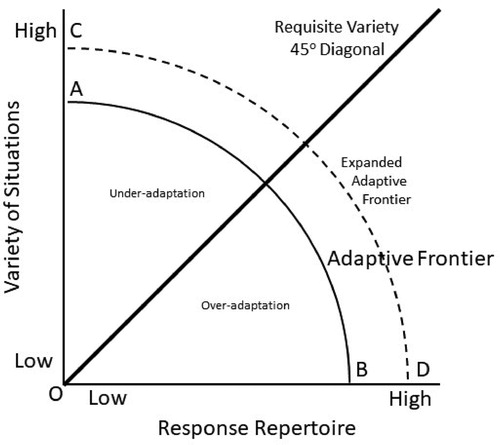 Figure 2. Requisite Variety. Adapted from Boisot & McKelvey, Citation2011. Complexity and organization-environment relations: Revisiting Ashby’s law of requisite variety. In P. Allen, S. Maguire, B. McKelvey, (Eds.), Sage Handbook of Complexity and Managrment, 279–298, Los angeles, CA: Sage.