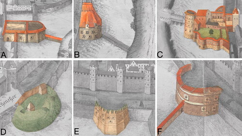 FIG. 3 Examples of different types of round bastions erected in Wrocław between 1486 and 1544, fragments of Contrafactur der Stadt Breslau 1562, by Barthel Weiner. (BUWr ref. 2318, PDM 1.0 DEED).