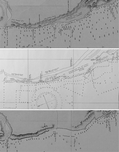 Figure 2. Extracts of charts of the Namib coast between the mouth of the Cunene River (17° 15’ S) and False Cape Frio (18° 29’ S), from left to right: Admiralty Chart 1806 in the last significantly revised pre-war edition 1909, 1915 navy print of a German 1912 coastal surveys, first wartime corrections of Admiralty Chart 1806 in 1916 – note the (uncredited for) extensive borrowing from the German 1912 survey on the 1916 edition. (United Kingdom Hydrographic Office, Archives, from left to right: OCB 1806, Series B, Sequence 5; C 6259/1; OCB 1806, Series B, Sequence 12).