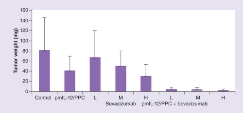 Figure 6. Improvement in antitumor activity of bevacizumab with the addition of pmIL-12/PPC.Comparison of tumor weights in peritoneally disseminated SKOV3 human cancer-bearing immunocompromised mice. To induce tumor formation, mice were administered intraperitoneally 7 × 106 SKOV-3 cells. Treatments consisted of pmIL-12/PPC at 100 μg DNA dose, bevacizumab at low (5 mg/kg), medium (10 mg/kg) or high (20 mg/kg) dose, or a combination thereof. Treatments were started 10 days after tumor implant and were given weekly for 4 weeks (pmIL-12/PPC) or 6 weeks (bevacizumab). At 59 days after tumor implant, the animals were euthanized and all visible tumors from the peritoneal cavity and abdominal organs were collected and weighed. The values are presented as mean ± standard error of the mean (n = 6 for each group).