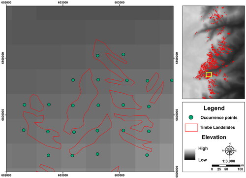 Figure 2. Example of converting polygons to point features to define the sample set of landslides occurrence.