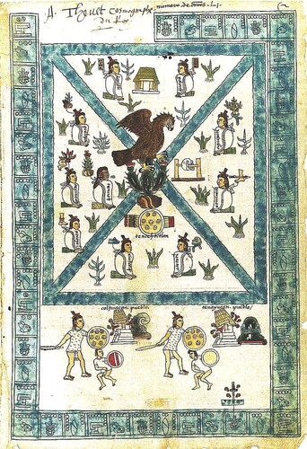 Figure 1. The foundation of Tenochtitlan, from The Codex Mendoza, c.1541, fol. 2r. [The Bodleian Libraries, The University of Oxford, CC-BY-NC 4.0].