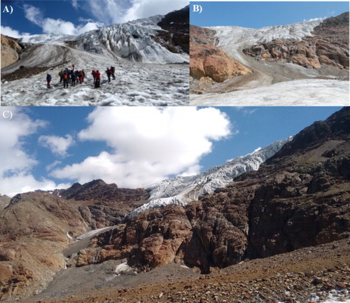 Figure 2. The eastern tongue of Forni Glacier. (A) 1997 – The icefall was still highly dynamic. (B) 2011 – The icefall greatly reduced in extent. (C) 2016 – The interruption of flow effectively isolated the eastern basin from the main glacier body.