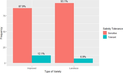 Figure 2. Proportion of phenotypically salt-tolerant (SES Score < 6) rice genotypes from Eastern South African segregated into landraces and improved cultivars (n = 201). The collection included 102 landraces and 99 improved genotypes from Eastern and Southern Africa. Phenotypic tolerance is not significantly different between the two types of genotypes (χ2 = 1.06, df = 1, p-value = 0.30).