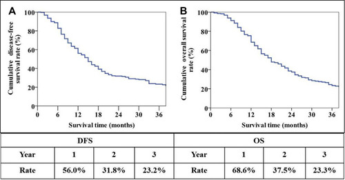 Figure 3 Long-term prognosis of patients with PHC. (A) Overall disease-free survival curve of patients; (B) overall survival curve of patients..