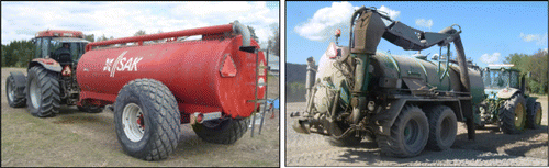 Figure 2. Left: small slurry tanker, wheel load 4.1 Mg, Right: large slurry tanker, wheel load 6.6 Mg.