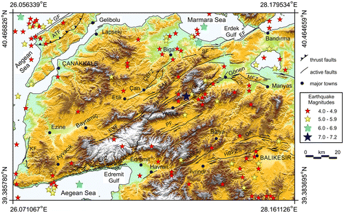 Figure 5. Topographic map of the study area showing the distributions of the epicentre of the earthquakes with magnitudes of M ≥ 4. The sizes of the stars are proportional to the earthquake magnitudes. The overlapped active faults in Biga Peninsula are modified after Duru et al. (Citation2012). The overlapped faults in Gelibolu Peninsula are modified after Yaltırak et al. (Citation2000). Black lines show coastline. Abbreviations: KF, Kestanbol Fault; EVF, Evciler Fault; ÇBFZ, Çan-Biga fault zone; SF, Sinekli Fault; SAF, Sarıköy Fault; YGF, Yenice-Gönen Fault; PF, Pazarköy Fault; EF, Edincik Fault; HBFZ, Havran–Balıkesir fault zone; OF, Ovacık Fault; BF, Bekten Fault; MFZ, Manyas fault zone; EFZ, Edremit fault zone; ATF, Anafartalar thrust fault; GF, Ganos Fault.