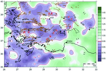 Figure 8. b value map including earthquakes that occurred at all levels of depth. The average b value is indicated with the red line.