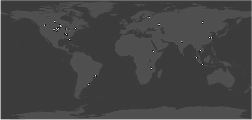 Figure 4. Locations of the 37 lakes for which in situ chlorophyll-a data from one or more dates were compared to MERIS OC4 values for the same lake and time period.