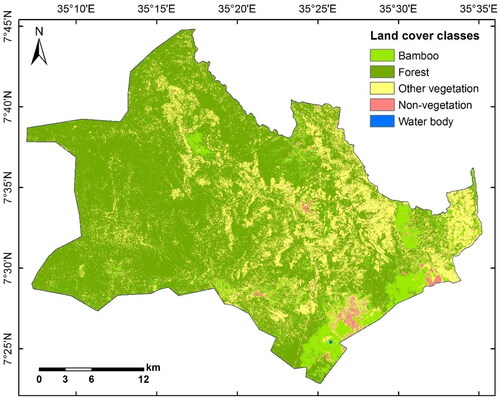 Figure 4. Land cover classification map of Andracha district in 2020 from RF classifier with all the spectral, vegetation and textural variables in the annual composite.