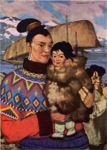 Figure 1 Painting “Greenland Mother” by W Langdon Kihn (1898–1957), showing a Greenlandic Inuit woman holding her baby. Note that her hair is worn in a tight coiffure arranged at the top of her head. Traumatic marginal alopecia can be appreciated, as was described by Trebitsch in 1907 as “alopecia Groenlandica.” From: National Geographic, October 1949, page 486. Public access.