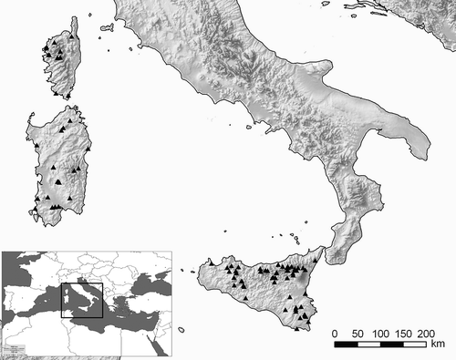 Figure 1. A map of the three largest western Mediterranean islands, showing the location of sites where new water mite material was collected.