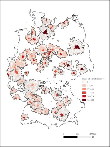 Figure 1. Digital firm birth in regions.Note: Pooled for all years available in the sample (1995–2017).Source base map: GeoBasis-DE/BKG 2021.