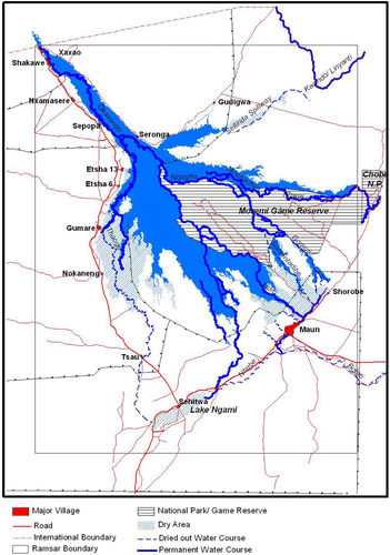 Figure 4: Map of the Okavango Delta showing channels and flood plains that have dried up