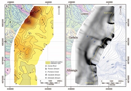 Figure 2. (a) thickness (in meters) of the TRF seismic unit (seismic wave velocity of 1650 m/sec TWTT), corresponding to the Holocene Lutites. (b) Morpho-bathymetric map of the study area showing the location of the shelf-break and the three heads of Albenga, Ceriale and Loano Canyons.