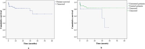 Figure 4. Estimated survival curve up to 60 months. (a): Overall patient survival. (b): Patient survival by treatment.