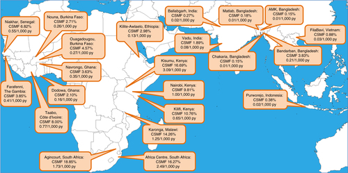 Fig. 1 Map showing participating sites, with age–sex–time adjusted cause-specific mortality fractions and adjusted mortality rates for HIV/AIDS.