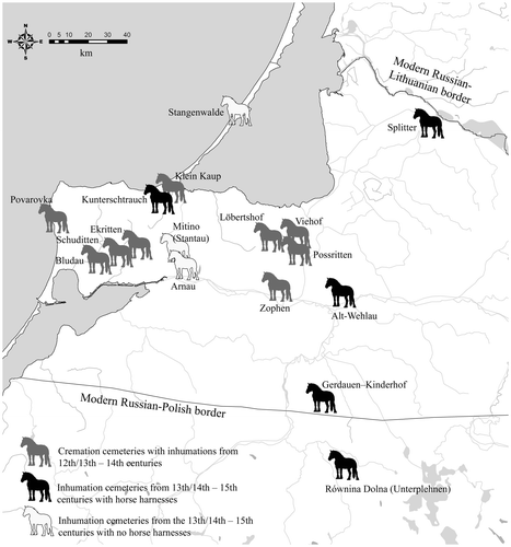 Fig 1 Archaeologically known cemeteries with inhumations, weapons and horse harnesses from the 12th/13th–15th centuries in Prussia. Horse deposits are found only in pre-crusade cemeteries dating to the 12th and up to the first half of the 13th century. After CitationShiroukhov 2012, fig 15.