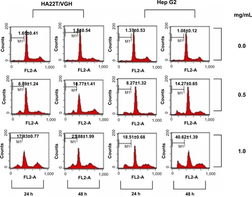 Figure 4 Effect of CKHE-E on cell cycle progression in human hepatoma cells. HA22T/VGH and HepG2 cells were treated with 0.5 and 1.0 mg/mL CKHE-E for 24 and 48 hours, respectively, and analyzed for PI-stained DNA content by flow cytometry.