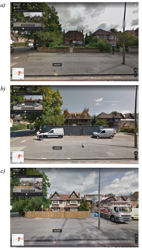 Figure 4. Google Street View imagery of “388 Banbury Road” redevelopment in (a) 2012, (b) 2014, and (c) 2015.