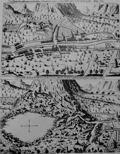 Figure 1. Piuro before and after the 1618 landslide by Balthasar Schwan, 1619 (after CitationScaramellini et al., 1995).