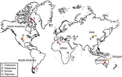 Figure 1. Map of the world showing the distribution of fossil presbyornithids.