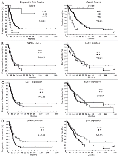 Figure 2 Survival curves with Kaplan-Meier method of 102 ovarian cancer patients. Progression-free survival and overall survival of patients according to FIGO stage (A), EGFR gene mutation status (B), EGFR expression status (C) and pAkt expression status (D). p values were calculated using the log-rank test.