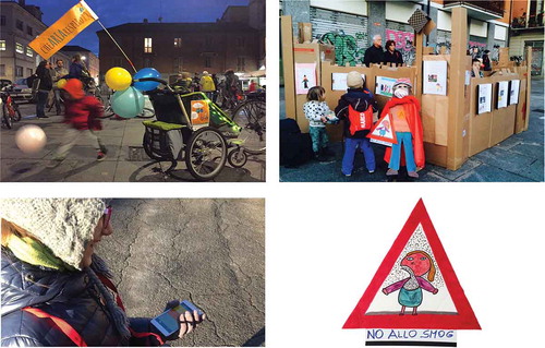 Figures 5–8. 5: Bike pride along the neighbourhood. 6: Spring party with temporary occupation of public space. 7: Portable device for air quality monitoring. 8: Children’s artwork road sign.