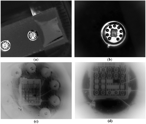 Figure 15. Thermograms of the test circuit (2 mm x 3 mm); a) camera without extension ring; b) camera with a 30 mm extension ring; c) camera with a 90 mm extension ring; d) camera with a 132.7 mm extension ring.