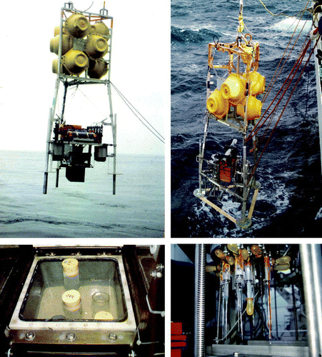 Figure 3.  The top, left panel shows the deployment of a benthic lander carrying a chamber for in situ incubations, while the top, right panel shows a lander equipped with a microprofiling and planar optode module. The bottom, left panel shows the chamber after recovery from 3000 m water depth. Subsamples of the recovered diatom ooze are being extracted. The bottom, right panel shows an in situ microsensor array of microelectrodes for measuring O2, pH, H2S and resistivity (the central pipette ball covers a reference electrode for the pH measurements).