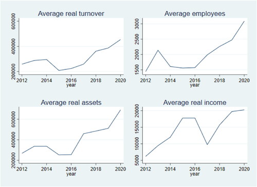 Figure 1. Evolution of selected variables over time (2012–2020).Notes: Averages across DMUs. Average real turnover, assets and income in thousand dollars, deflated with the Consumer Index Price for G20. Source: own elaboration.