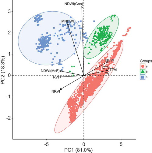 Figure 5. Bi-plot diagram of the PCs derived from WIs (categories are grouped by colours: (a) non-water; (b) saturated soil; (c) water; 95% ellipses).