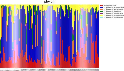 Figure 3 Microbiota composition at the phylum level. Relative abundances of the 7 dominant bacterial phyla found across all 92 samples (two samples per patient: B, before treatment; F, after treatment) are shown as Bar chart. Samples are grouped by patients with different sampling time points.