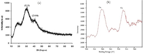 Figure 3. XRD spectrum and XPS analysis of green mediated copper nanoparticles.