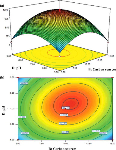 Figure 5. Response surface (a) and contour (b) plots showing the interactive effect of B: carbon sources and D: pH on the activity of β-glucosidase.