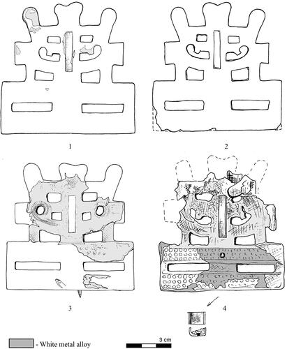 Fig 22 Flat ladder brooches of Spirģis A1 subtype. (1) Ostriv, grave 2. (2) Lejasdopeli, barrow mound V, grave 1. (3) Laukskola, grave 475. (4) Viešvilė I, cremation, grave 22. Image by R Shiroukhov.