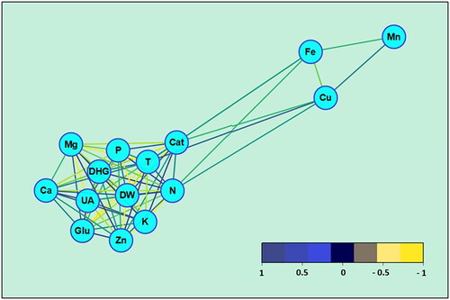 Figure 5. Network Analysis between the parameters analyzed in the study (dark blue lines represent significant positive effect pathways; yellow lines represent significant negative effect pathways).