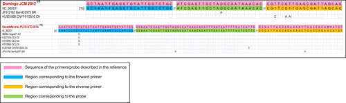Fig. 3 Alignment of the primers and probes of shortlisted assays against relevant YFV target sequences.The figure is restricted to the two assays described in referencesCitation69,Citation76, which generated the fewest mismatches overall in the comparison with the reference set of 61 YFV genomic sequences (Table 1). Perfectly matched YFV sequences are not shown. Primer and probe sequences are written 5′ to 3′ except for the reverse primers at the right edge of the figure, which are represented by the reverse-complement of the oligonucleotide sequence