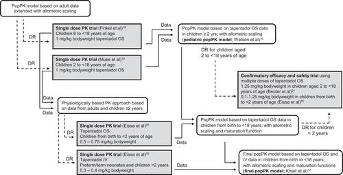 Figure 4 Dose determination pathway resulting in the final popPK model for tapentadol oral solution with dose recommendations for the entire pediatric age range from birth to <18 years.