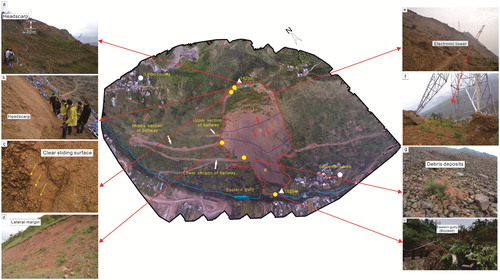 Figure 5. The aerial photograph of Leibo debris slide. (a) The headscarp on the trailing edge reaches 10–15 m. (b) The outcrop of sliding bed. (c) The outcrop sliding surface descended from the fresh scarp on the upper slope. (d) The ancient landslide deposits can be observed on the right lateral margin. (e and f) The electronic transmission tower was damaged. (g) The debris particles with different sizes of blocks observed in the accumulation area of the landslide. (h) The sliding body blocked the Eastern Gully. Source: Author.