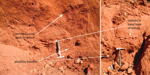 Figure 18 (a, b) Weak bedding in redsoil, Jacaranda pit, Andoom. Hammer is 33 cm long.