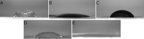 Figure 3 Water contact angle of cell culture plate, 60.32° (A); GN, 22.12° (B); GO, 64.26° (C); C60, 43.57° (D); ND, 17.99° (E).