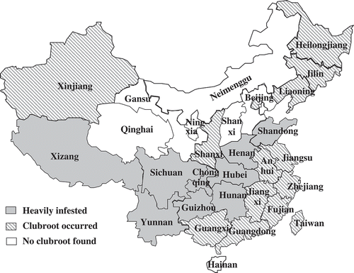 Fig. 1. The distribution of clubroot-infested provinces in China.