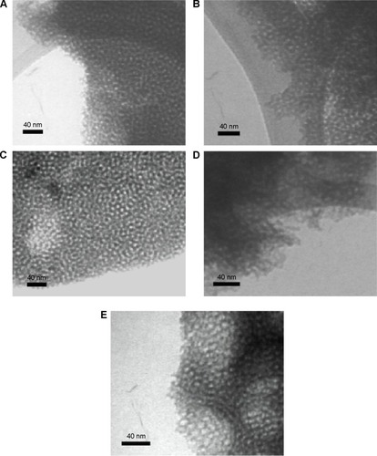 Figure 2 TEM micrographs of the different prepared mesoporous titania films.Notes: TEM micrographs of the different prepared mesoporous titania films using the following templates: (A) CTAB, (B) BRIJ S10, (C) P123, (D) P123:PPG with a ratio of 1:0.5 (PPG-0.5), and (E) P123:PPG with a ratio of 1:1 (PPG-1).Abbreviations: CTAB, cetyltrimethylammonium bromide; PPG, poly(propylene glycol); TEM, transmission electron microscopy.