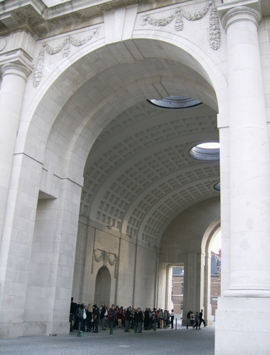 Figure 1.  Ypres, Belgium: memorial arch for British war dead of World War I. The walls are covered with the names of the dead, in a form of textual art; note space for ceremonial assembly within monument. Photo: J. Farr.