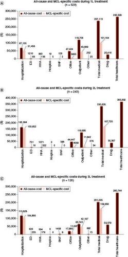 Figure 4. All-cause and MCL-specific costs per patient per year in the first three treatment lines among patients with MCL in 2015–2021.All-cause and MCL-specific costs per patient per year in (A) 1L treatment, (B) 2L treatment, and (C) 3L treatment among patients with MCL in 2015–2021.1L: First line; 2L: Second line; 3L: Third line; ED: Emergency department; HHA: Home health admissions; MCL: Mantle cell lymphoma; SNF: Skilled nursing facility.