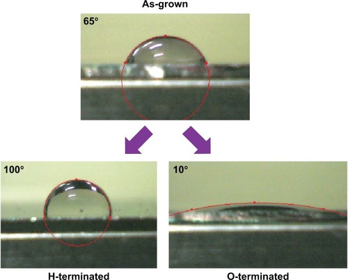 Figure 2 Wetting properties of as-grown and treated diamond films in hydrogen plasma (H-terminated) or oxygen plasma (O-terminated).