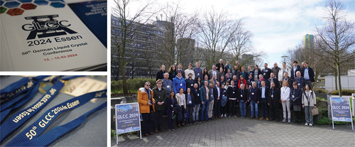 Figure 1. Top left: GLCC 2024 program flyer. Bottom left: Conference badge holder. Right: Group picture of participants of the 50th German Liquid Crystal Conference. Picture taken by the group of Prof. Dr. Giese.